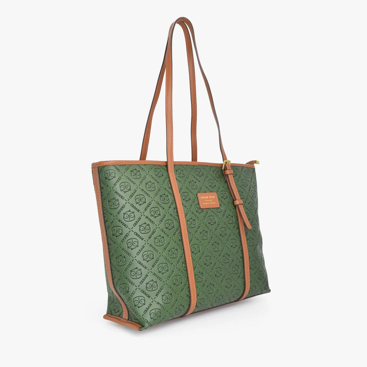 Bolso shopper verde con estampado geométrico y detalles en color miel para mujer