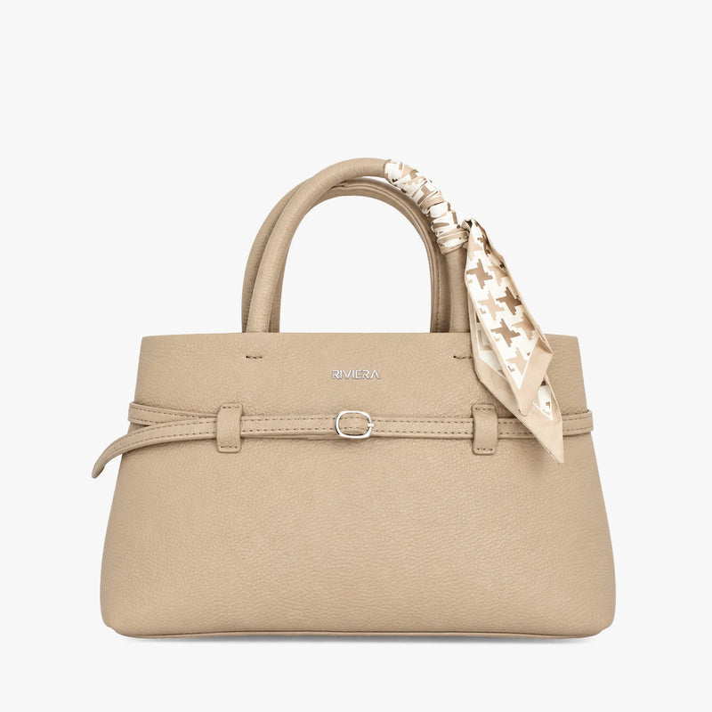 Bolso de mano color taupe con pañoleta y correa ajustable para mujer