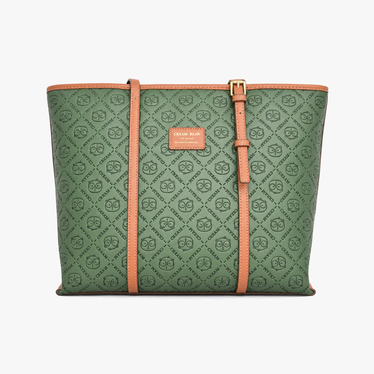 Bolso shopper verde con estampado geométrico y detalles en color miel para mujer