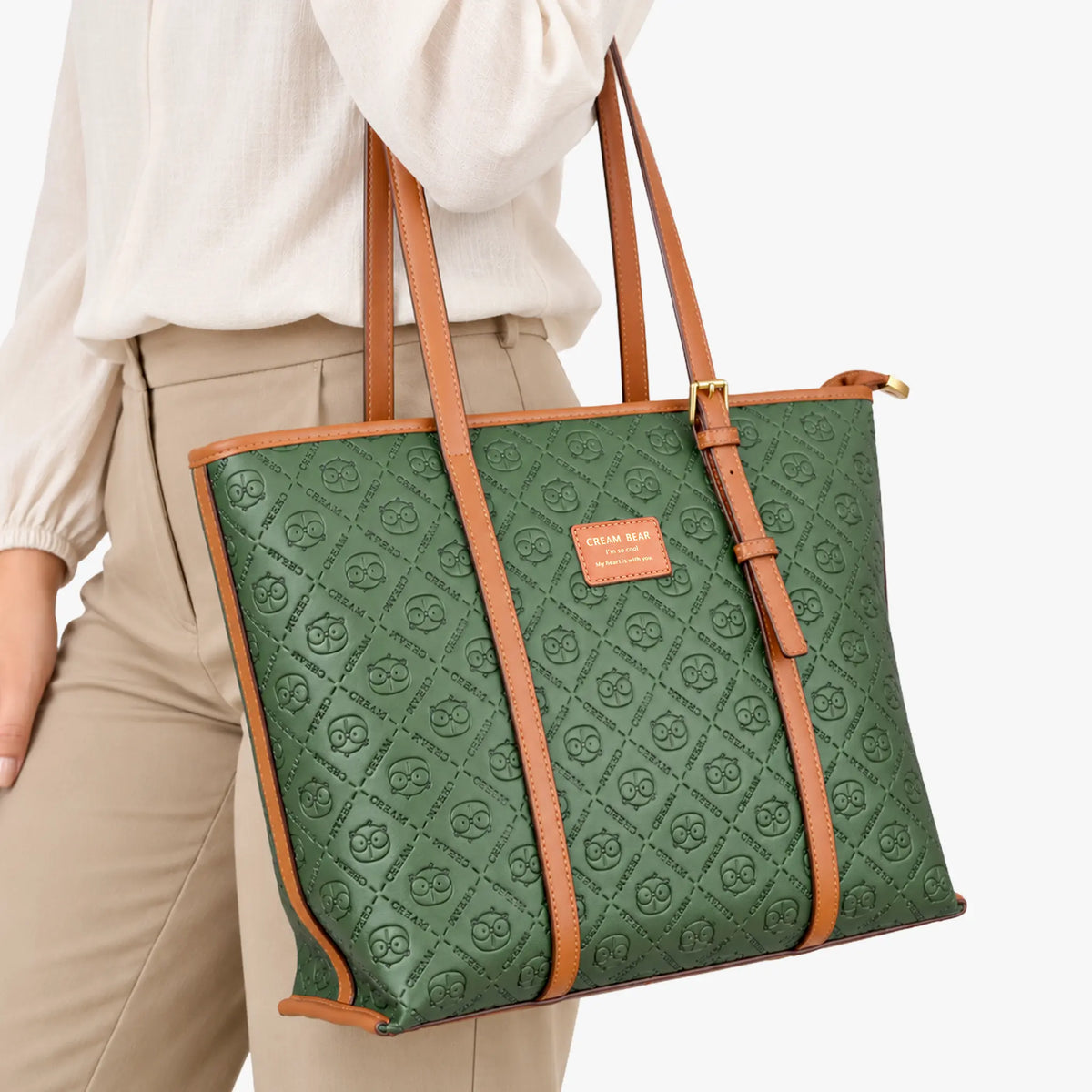 Bolso shopper verde con estampado geométrico y detalles en color miel para mujer