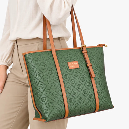 Bolso shopper verde con estampado geométrico y detalles en color miel para mujer