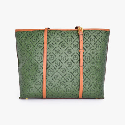 Bolso shopper verde con estampado geométrico y detalles en color miel para mujer