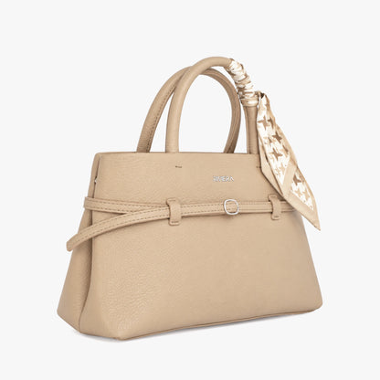 Bolso de mano color taupe con pañoleta y correa ajustable para mujer